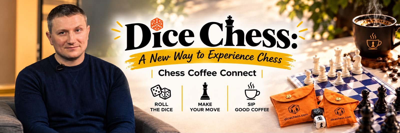 Dice Chess game with chess pieces, dice and coffee on a table by Chess Coffee Connect